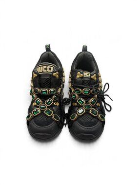 Gucci Women's Flashtrek Green Crystals Shoes-Black(Size 39 Size 9US)